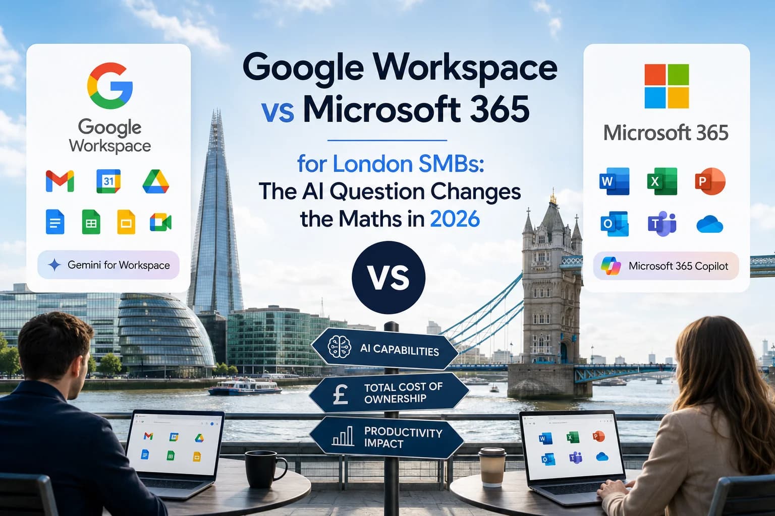 A London SMB operations manager comparing Google Workspace and Microsoft 365 renewal quotes with AI add-on pricing in 2026